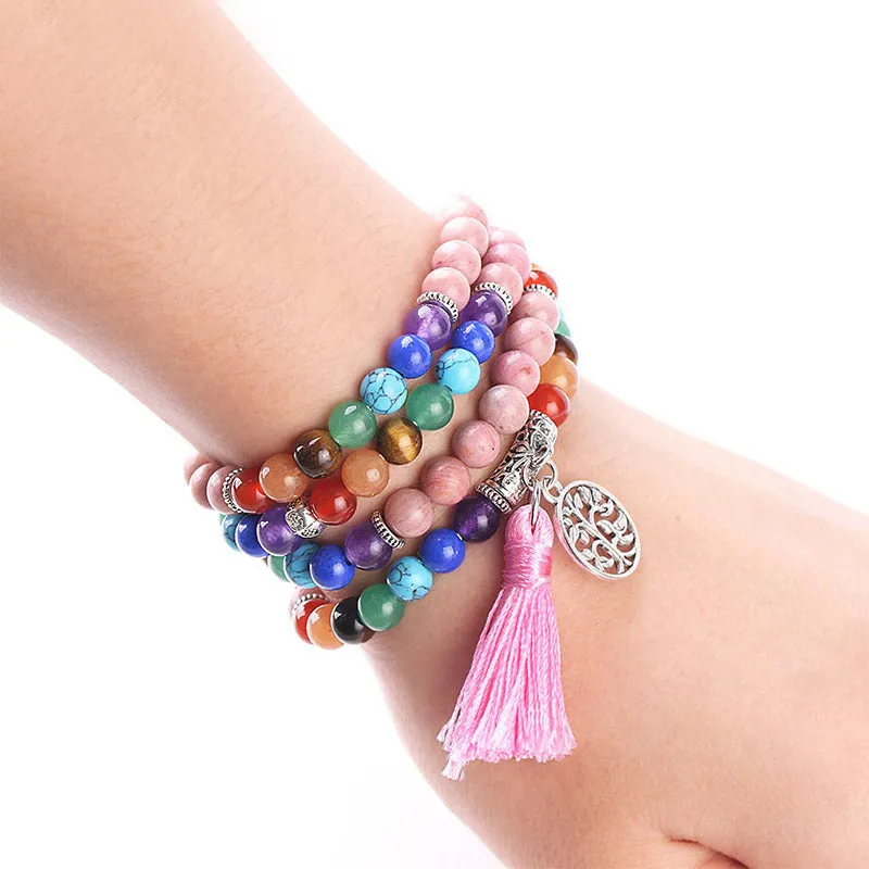 Luck Muse 108 Rose Quartz Blue Crystal Lazulite Healing Beads Bracelet - Image 3