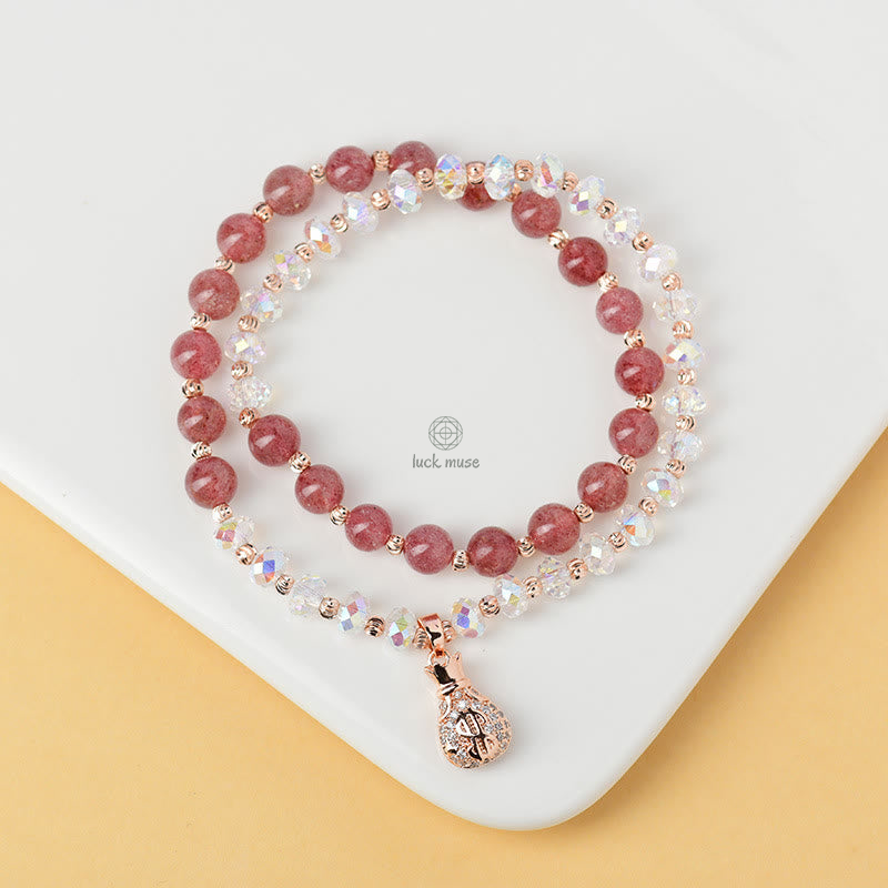 Luck Muse Strawberry Quartz & White Crystal Money Bag Charm Bracelet - Image 4