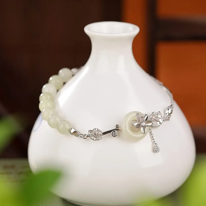 Luck Muse 925 Sterling Silver Hetian Jade Lotus Luck Chain Bracelet - Image 9