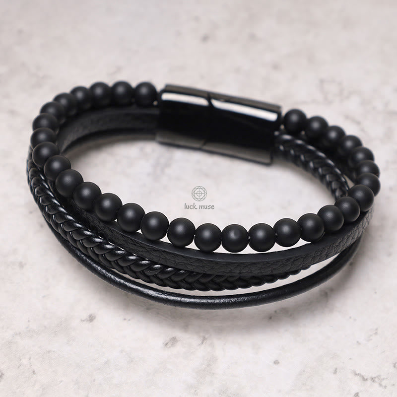 Natural Lava Rock Frosted Stone Bead Leather Bracelet with Black Onyx Accents - Image 11