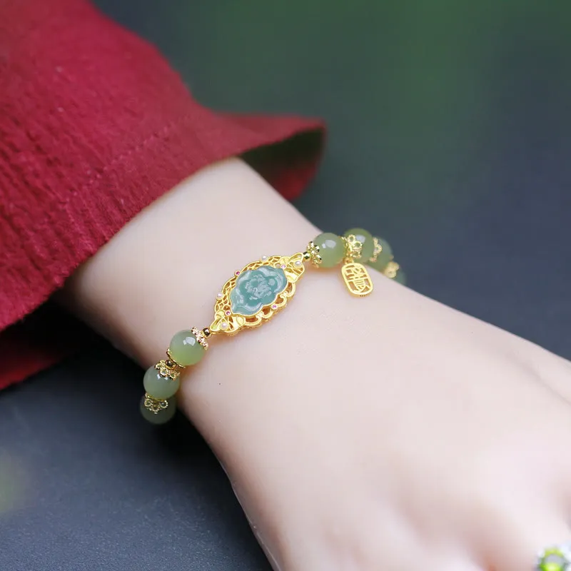 925 Sterling Silver Bracelet with 14K Gold Plating and Hetian Jade Lotus Charm for Good Luck - Image 3