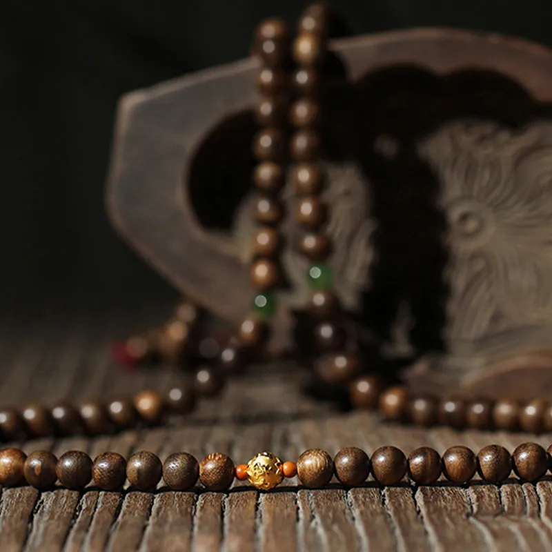 Luck Muse 999 Gold 108 Mala Beads Agarwood Cyan Jade Six Words Strength Bracelet - Image 10