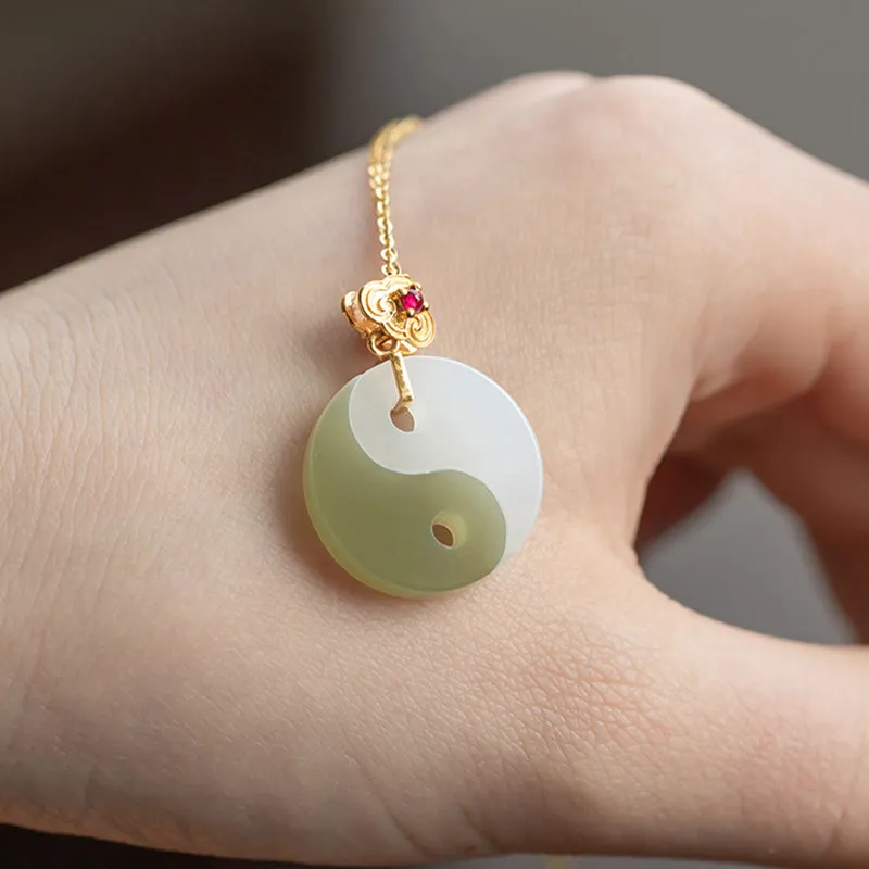 Luck Muse Yin Yang Jade Necklace Pendant with 18K Gold for Luck and Prosperity - Image 2