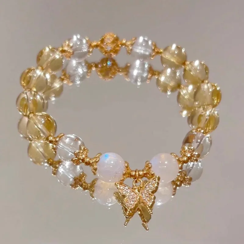 Luck Muse Citrine Moonstone Butterfly Charm Bracelet for Prosperity and Protection
