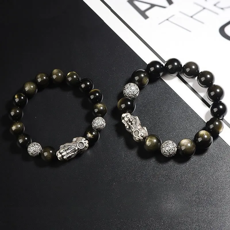 Luck Muse 925 Sterling Silver Gold Sheen Obsidian PiXiu Protection Bracelet - Image 7