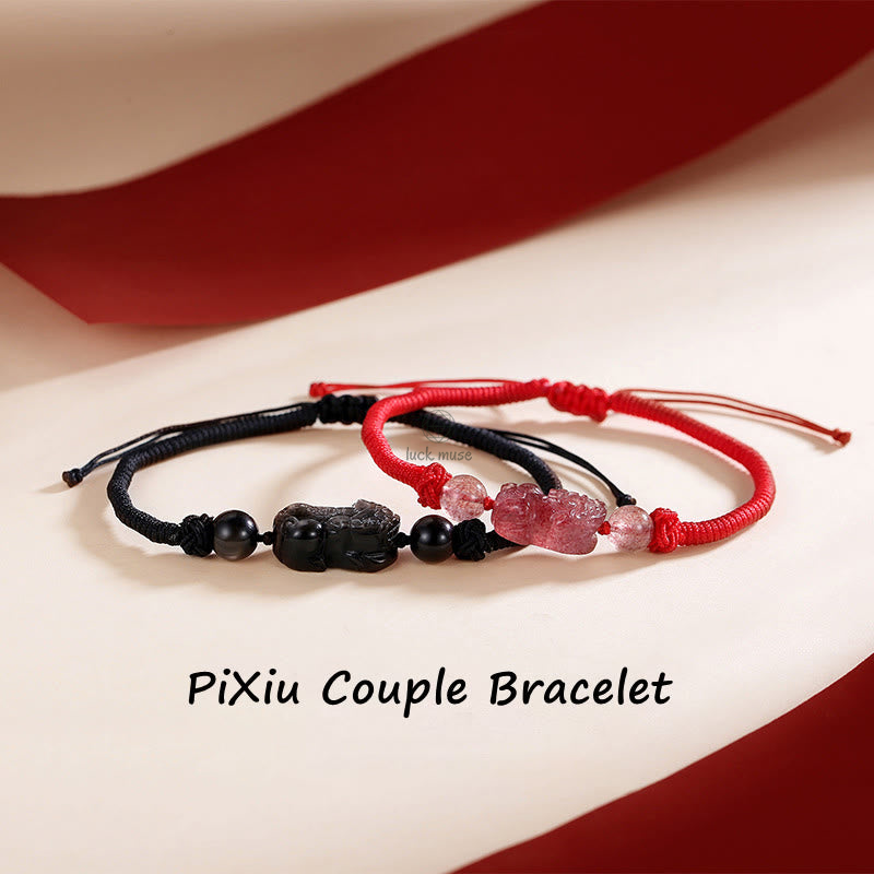 Handmade Silver Sheen Obsidian & Strawberry Quartz PiXiu Protection Bracelet