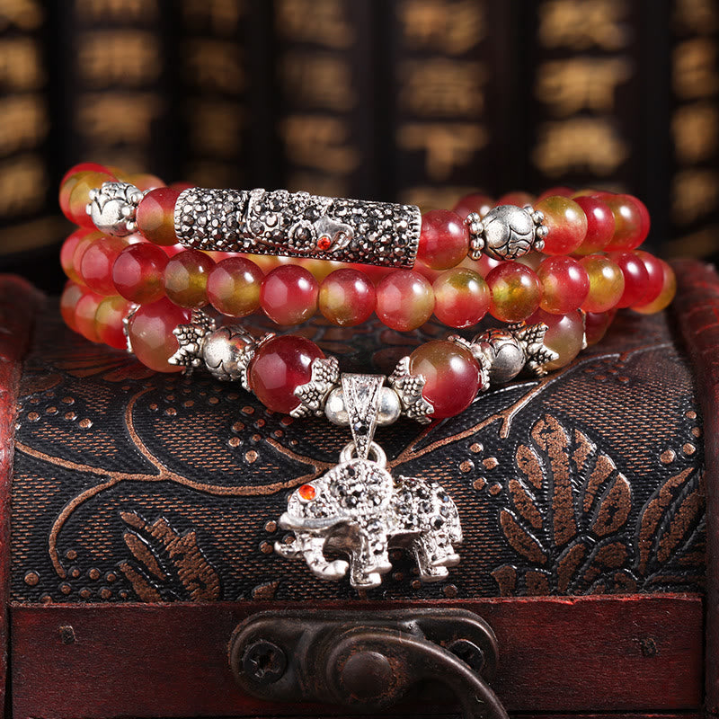 Natural Watermelon Tourmaline Pixiu Elephant Positive Triple-wrap Bracelet - Image 8