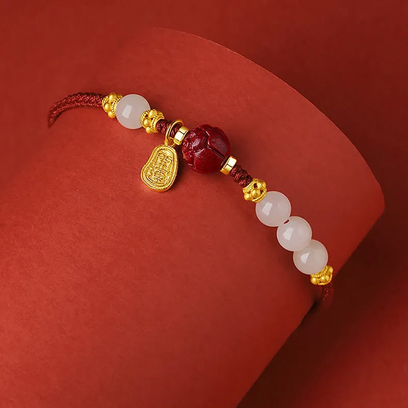 24K Gold Plated Hetian White Jade Cinnabar Lotus Luck Rope Bracelet with Luck Muse - Image 3