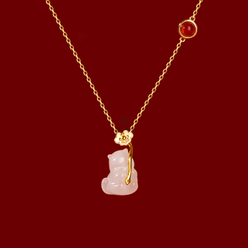 Luck Muse 925 Sterling Silver Plated 18K Gold Hetian Jade Ruyi Cat Cinnabar Luck Jewelry Set - Image 5