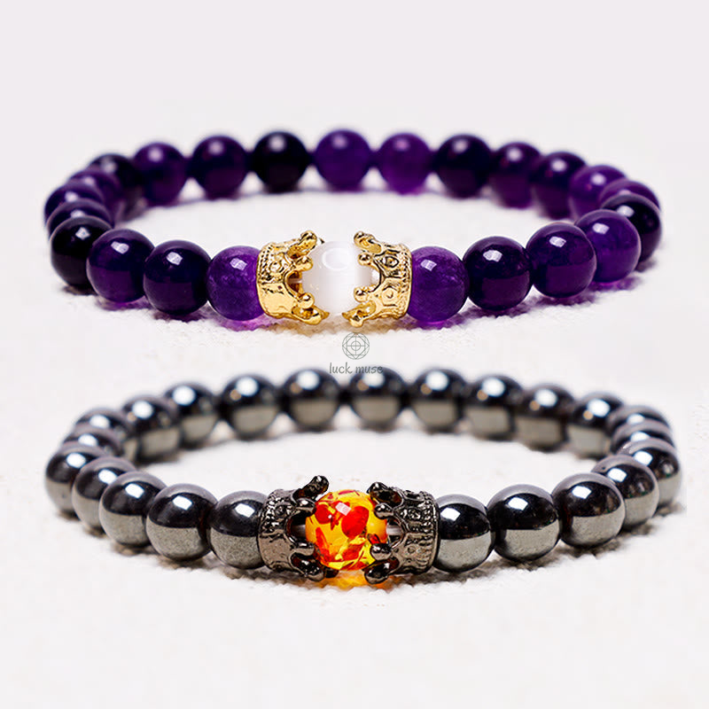 Luck Muse King & Queen Crown Natural Stone Healing Energy Beads Couple Bracelets - Image 2
