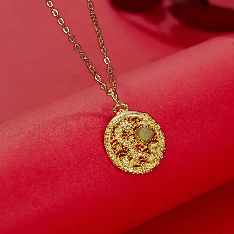 Luck Muse 925 Sterling Silver Dragon Year Hetian Jade Inlaid Necklace Pendant with Auspicious Clouds - Image 4