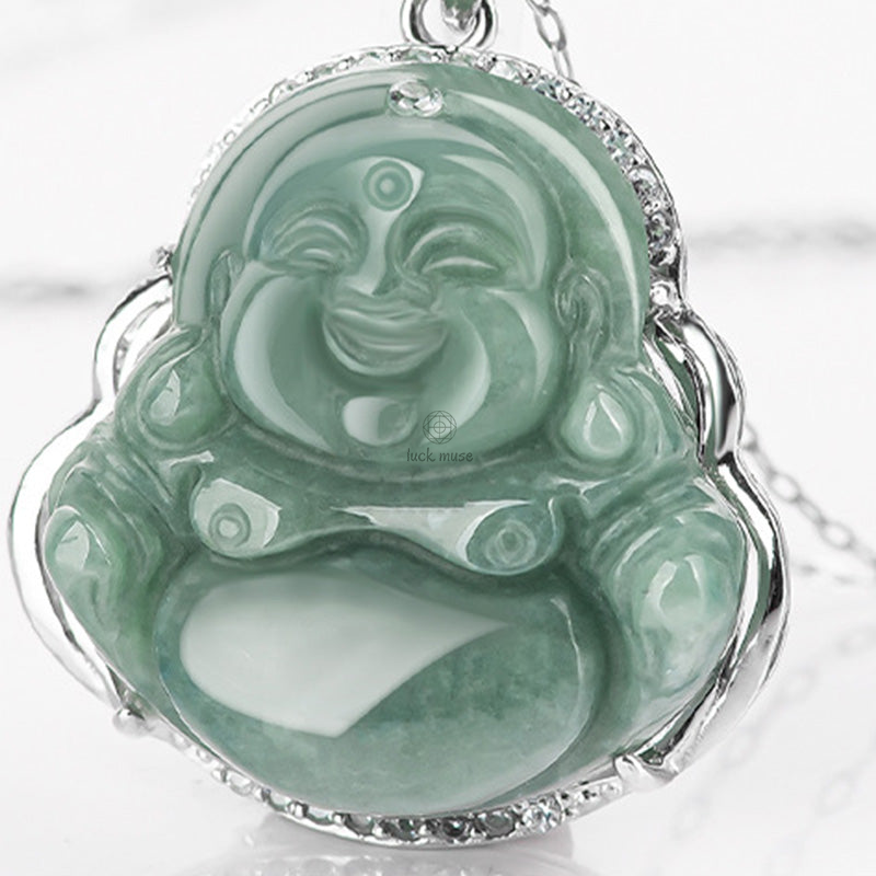 925 Sterling Silver Laughing Buddha Jade Abundance Necklace Pendant - Image 6