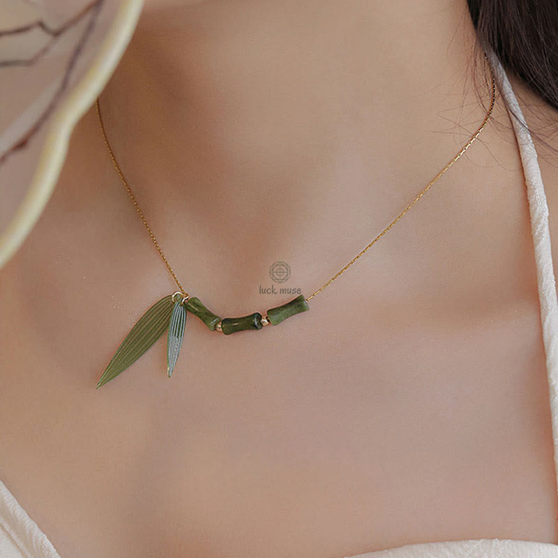 Bamboo Leaf Jade Luck Muse Wealth Necklace Pendant - Image 6