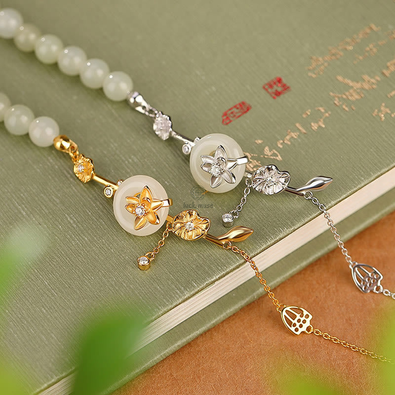 Luck Muse 925 Sterling Silver Hetian Jade Lotus Luck Chain Bracelet - Image 2