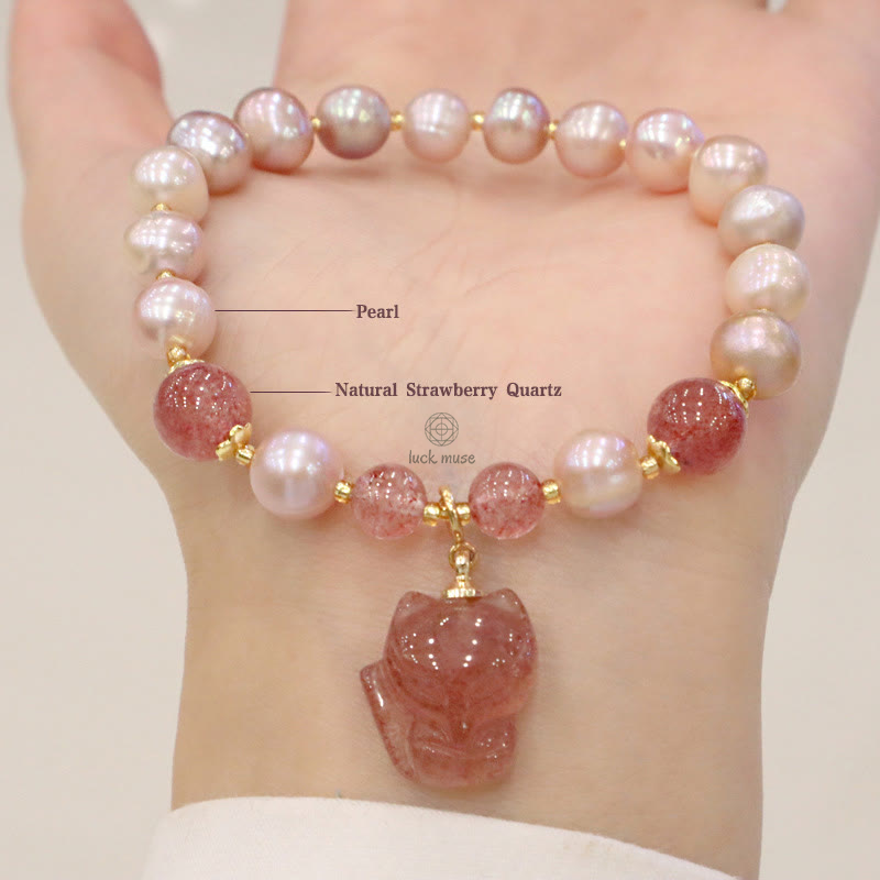 Natural Pearl Strawberry Quartz Love Healing Bracelet with Cute Fox Charm - Image 13