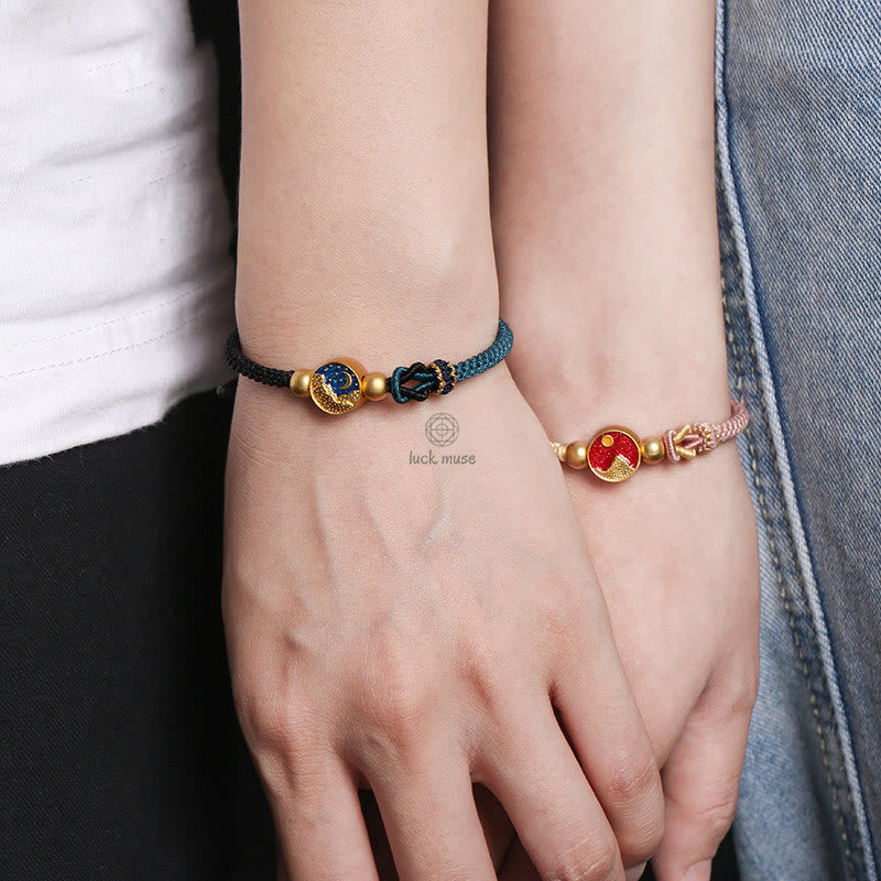 Luck Muse Handmade Luck Sea and Mountain Engraved Couple Bracelet with Two-Color String - Image 4