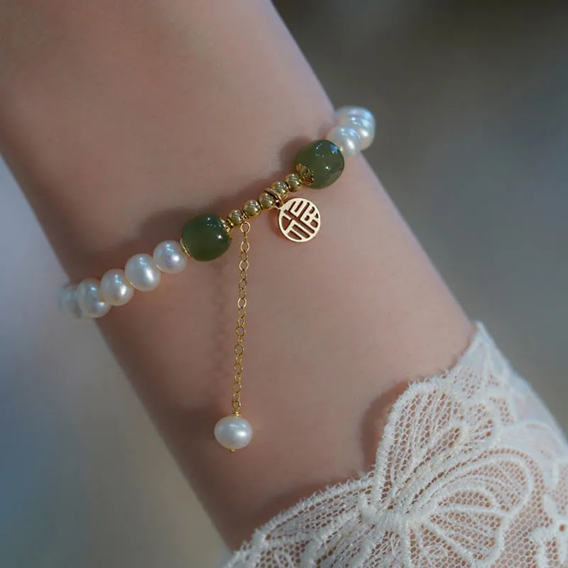 Natural Pearl Hetian Jade Happiness Wisdom Bracelet - Image 3