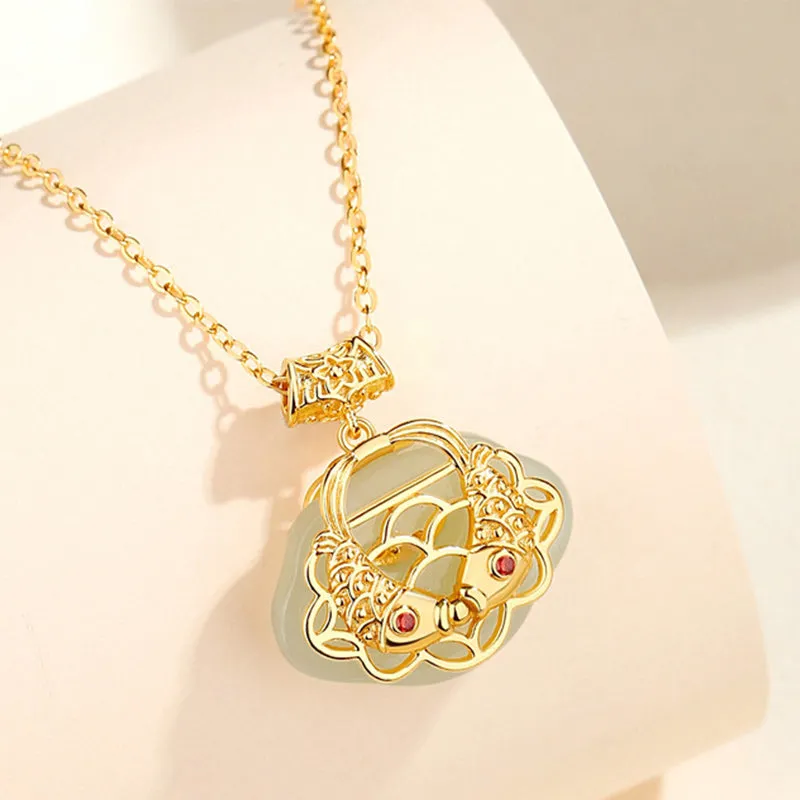 Luck Muse 925 Sterling Silver Hetian Jade Koi Fish Wealth Necklace - Image 3