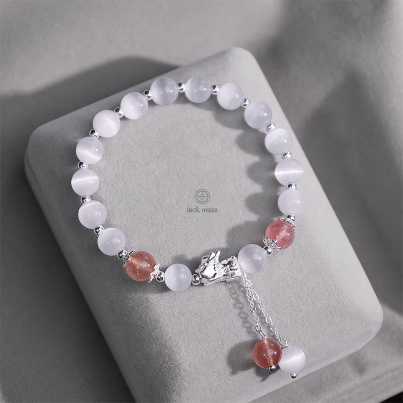 Luck Muse Cat's Eye Moonstone Strawberry Quartz PiXiu Bracelet - Image 10