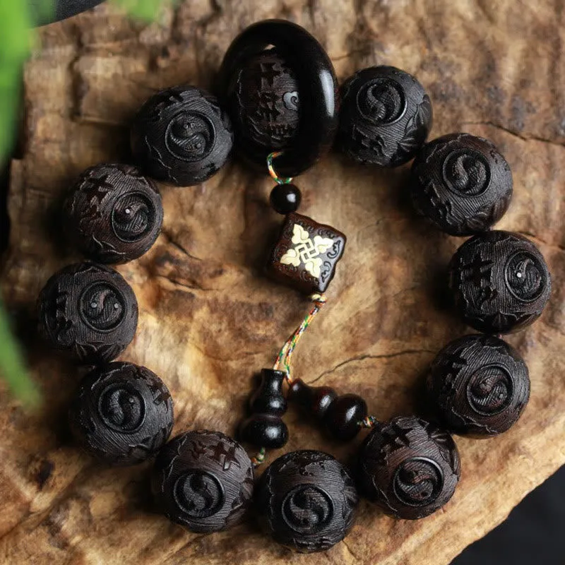Yin Yang Engraved Ebony Wood Gourd Bracelet with Chinese Characters