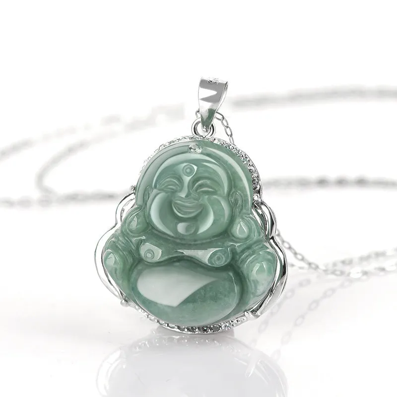 925 Sterling Silver Laughing Buddha Jade Abundance Necklace Pendant - Image 4