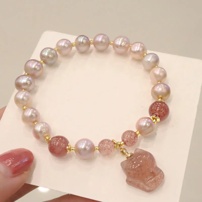 Natural Pearl Strawberry Quartz Love Healing Bracelet with Cute Fox Charm - Image 2