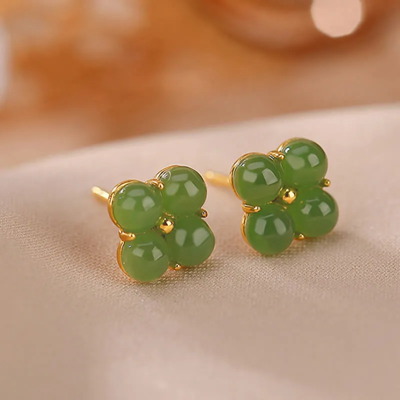 Luck Muse Gold-Plated 925 Sterling Silver Cyan Jade Clover Stud Earrings for Good Luck - Image 4