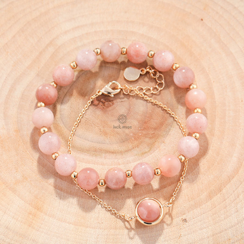 Sun Stone and Strawberry Quartz Crystal Bracelet for Positivity