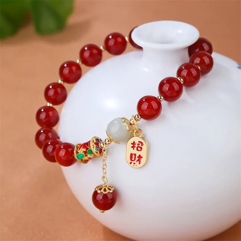 Natural Red Agate and Jade Fortune Charm Bracelet - Image 2