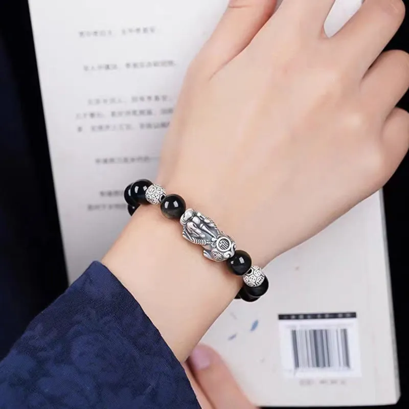 Luck Muse 925 Sterling Silver Gold Sheen Obsidian PiXiu Protection Bracelet - Image 3
