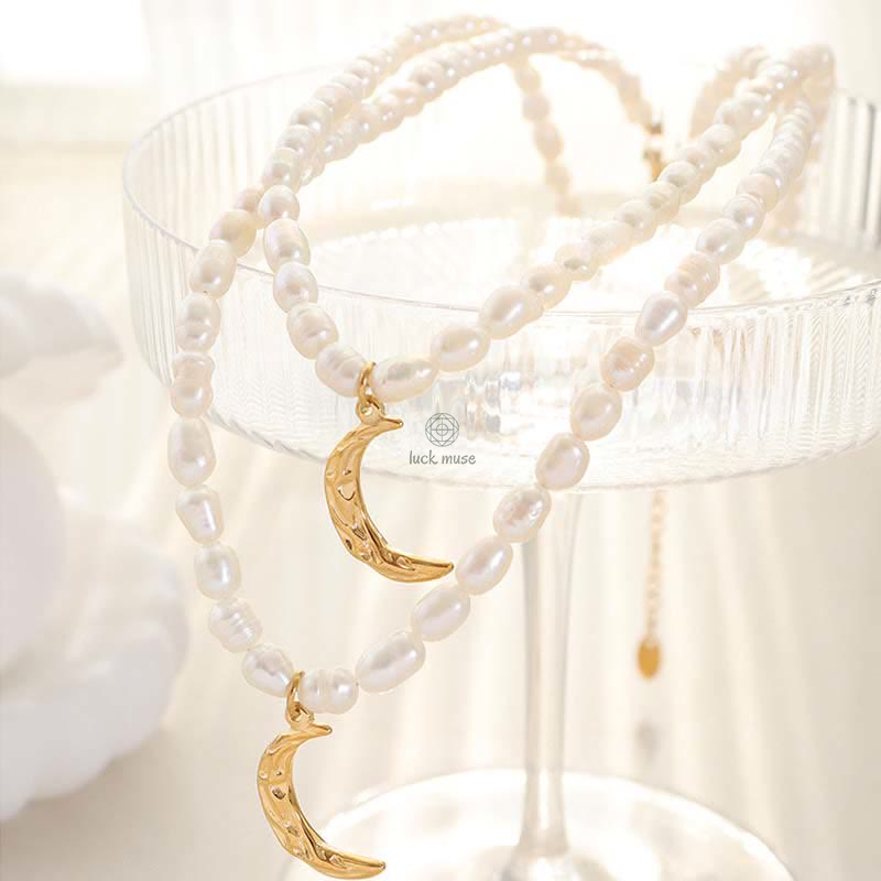 Pearl Crescent Moon Titanium Steel Calm Necklace Pendant by Luck Muse Shop - Image 9