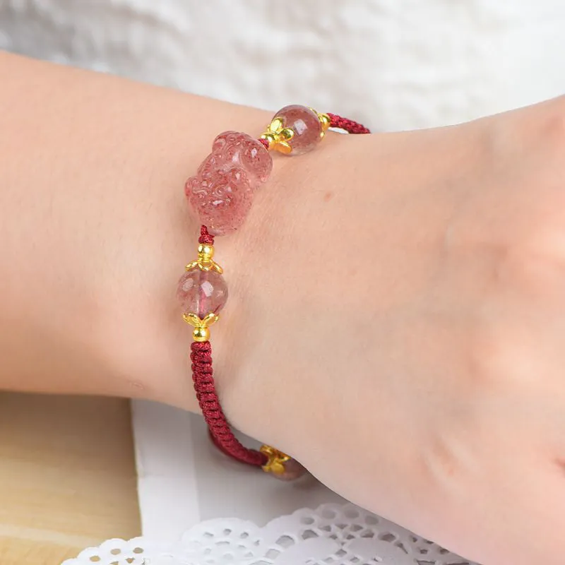 Natural Strawberry Crystal Pixiu Lucky Red String Bracelet - Image 5