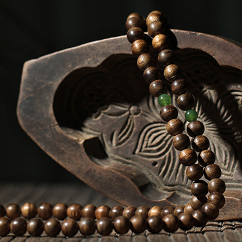 Luck Muse 999 Gold 108 Mala Beads Agarwood Cyan Jade Six Words Strength Bracelet - Image 15
