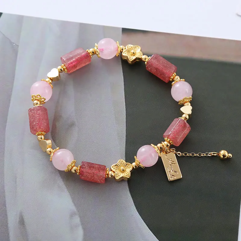 Luck Muse Strawberry Quartz Pink Crystal Heart Bracelet