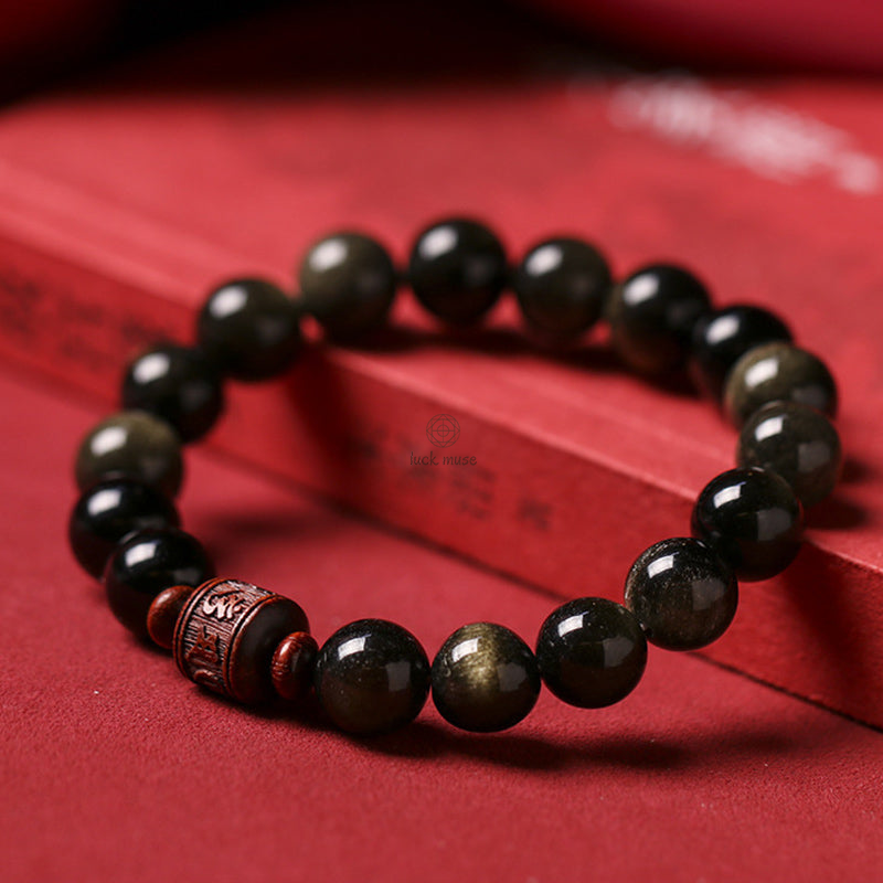 Natural Gold Sheen Obsidian Rainbow Obsidian Om Mani Padme Hum Healing Bracelet - Image 2