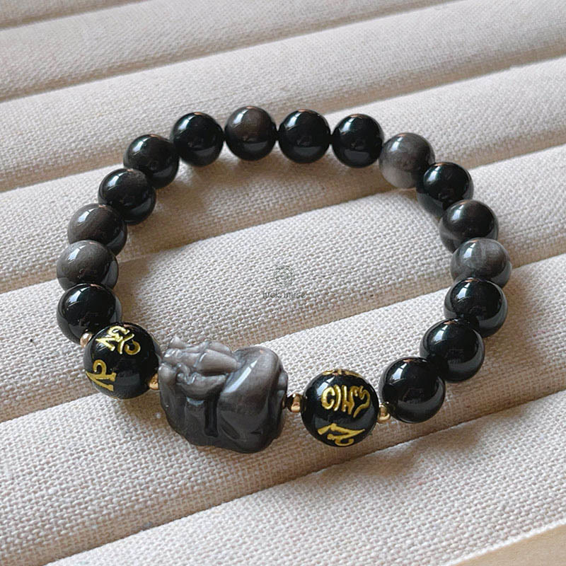 Silver Sheen Obsidian Luck Muse Bracelet with Om Mani Padme Hum Pixiu Protection - Image 6