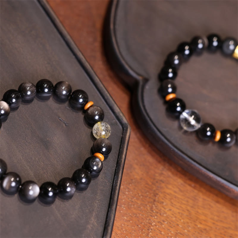 Luck Muse Silver Sheen Obsidian Om Mani Padme Hum Protection Bracelet - Image 3