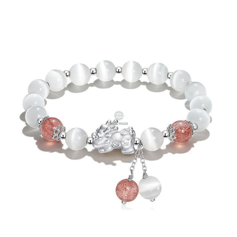 Luck Muse Cat's Eye Moonstone Strawberry Quartz PiXiu Bracelet - Image 14