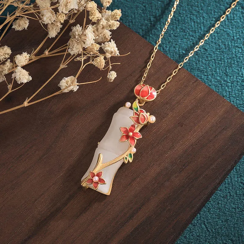 White Jade Bamboo Lotus Flowers Necklace Pendant for Luck and Protection - Image 3