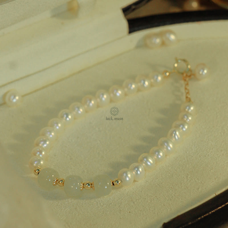 Luck Muse 14K Gold Plated Sincerity Bead Chain Bracelet with Natural Pearl, Hetian Cyan Jade, and White Jade - Image 28