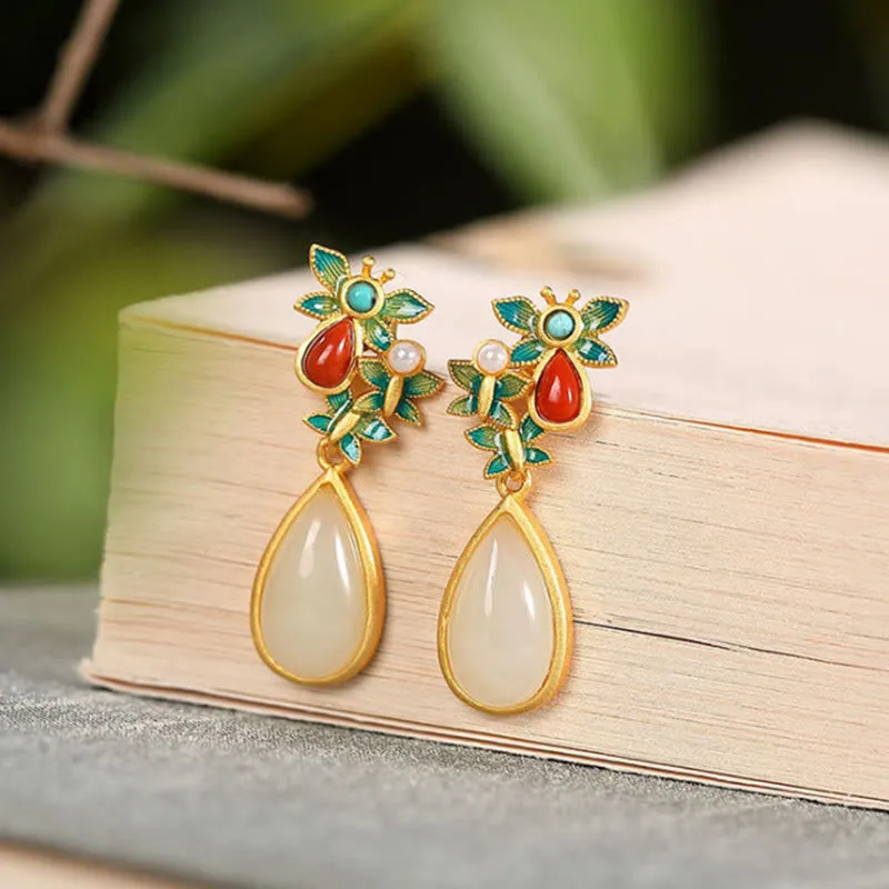White Jade Red Agate Butterfly Protection Drop Earrings with Luck Muse