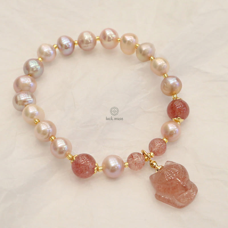Natural Pearl Strawberry Quartz Love Healing Bracelet with Cute Fox Charm - Image 9
