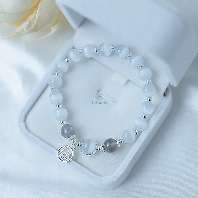 Luck Muse Cat's Eye Moonstone Charm Bracelet - Fu Character Ball Support