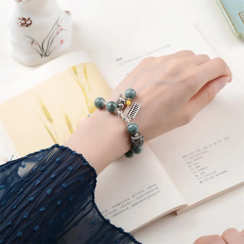 925 Sterling Silver Cyan Jade Amber Lucky Cat Abacus Success Bracelet - Image 3