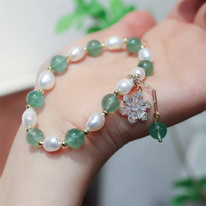 Natural Green Strawberry Quartz Pearl Flower Charm Bracelet - Image 5