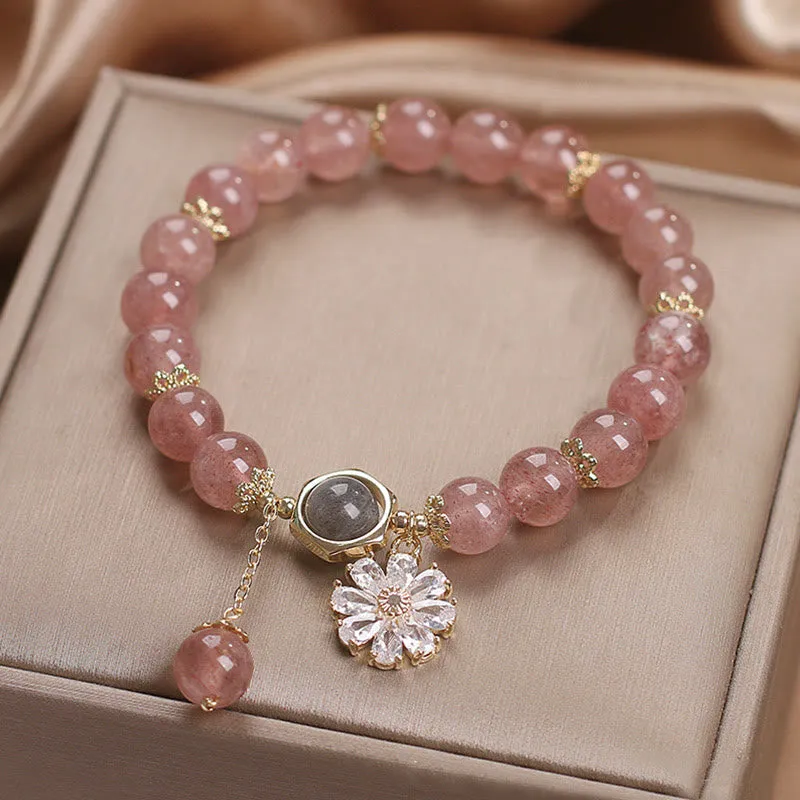Strawberry Quartz Crystal Daisy Charm Healing Bracelet - Image 2