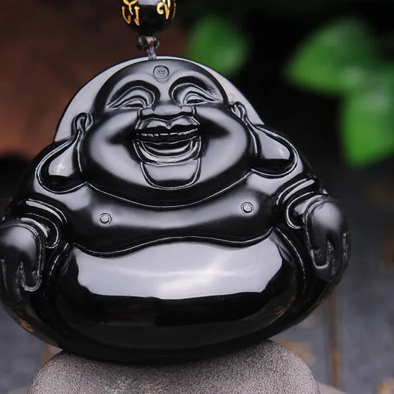 Laughing Buddha Black Obsidian Pendant Necklace - Luck Muse Transformation Collection