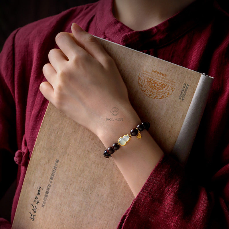 Luck Muse Small Leaf Red Sandalwood Gourd Jade Relaxation Bracelet - Image 7