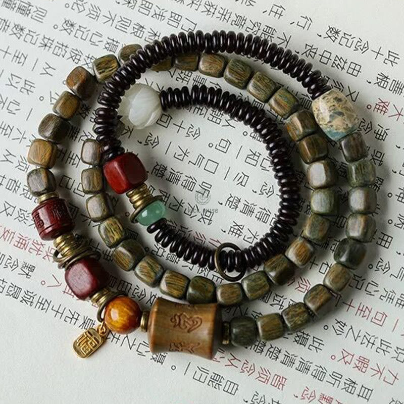Green Sandalwood Ebony Om Mani Padme Hum Engraved Peace Triple Wrap Bracelet with Luck Muse - Image 5