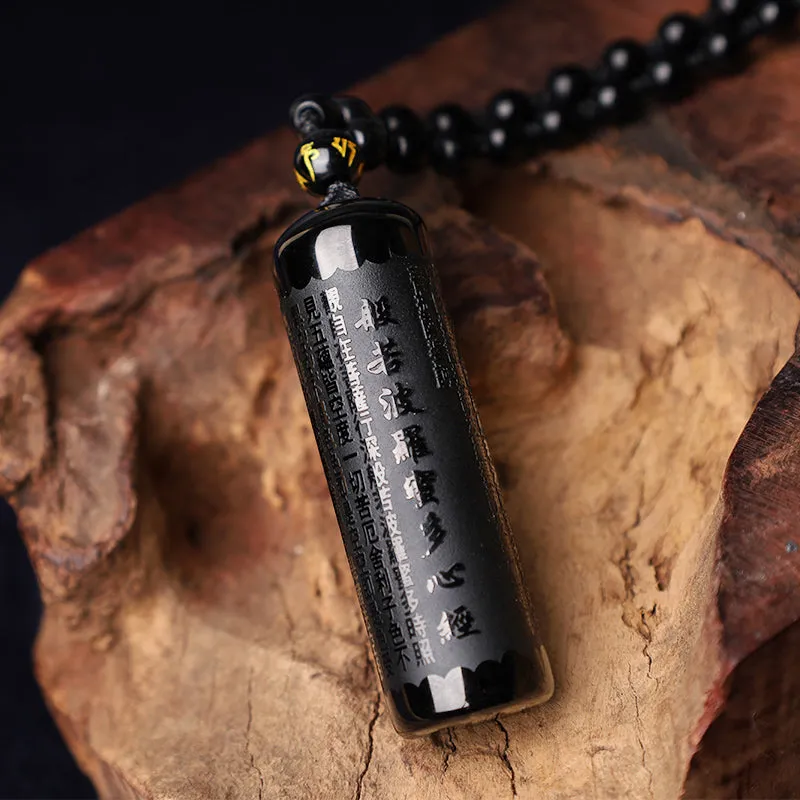 Natural Black Obsidian Luck Muse Heart Sutra Necklace Pendant - Image 4